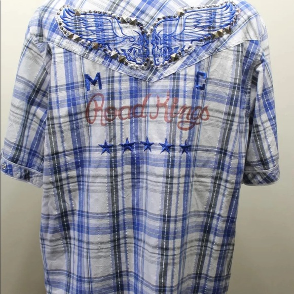 Parish Road Kings Plaid Blue Pearl Snap Metal Studs Embroidered Western Cowboy - Picture 10 of 10